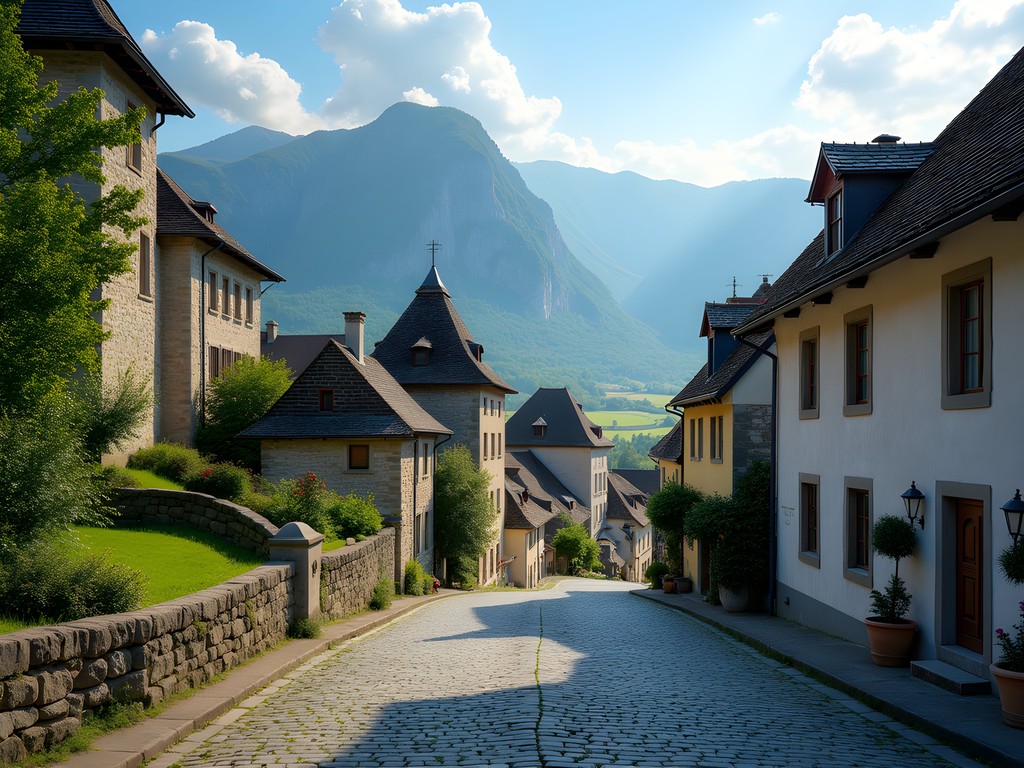 Medieval town of Gruyères perched on hilltop with Pre-Alps mountain backdrop