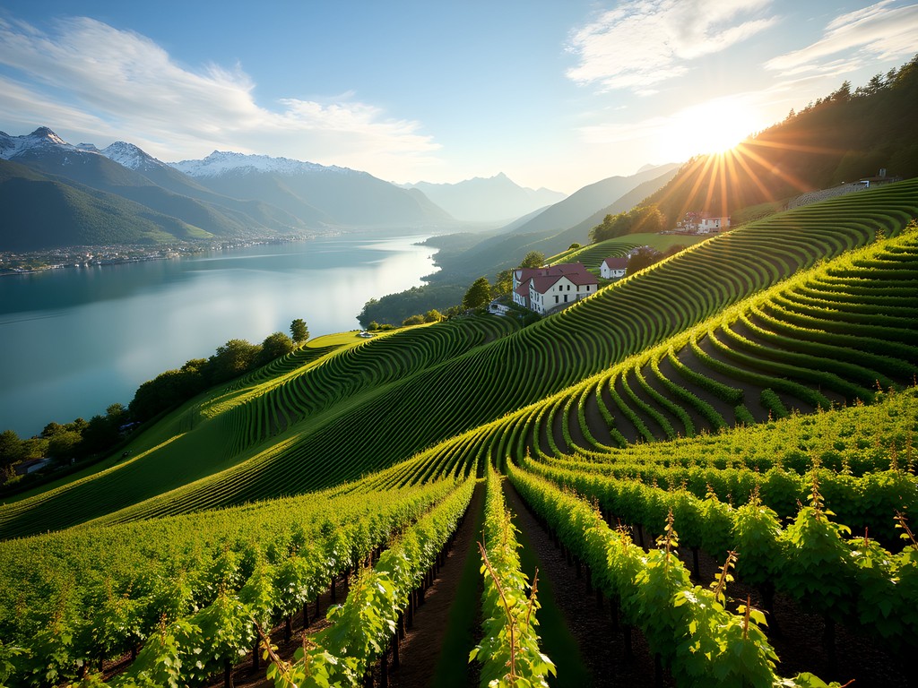 Terraced Lavaux vineyards cascading to Lake Geneva with Alpine backdrop at sunset