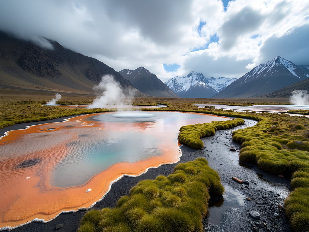 Steaming hot springs in Hengill mountain area with hiking trail