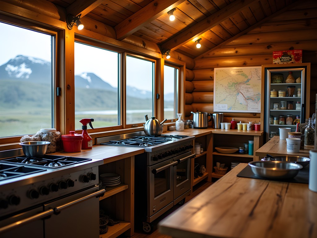 Communal kitchen in Icelandic hiking guesthouse with mountain view