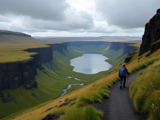 Panoramic view of Þingvellir rift valley from highland trail