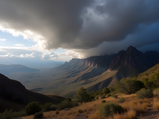 Dramatic weather change over the Grampians mountains with approaching storm clouds