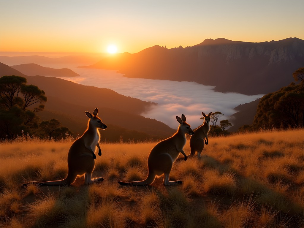 Sunrise view of the Grampians mountains from Halls Gap with morning mist