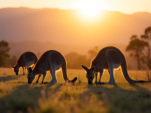 Eastern grey kangaroos grazing in morning light with Grampians mountains backdrop