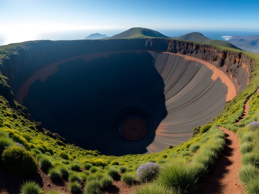 Circular volcanic crater of Caldera de Bandama with hiking path visible