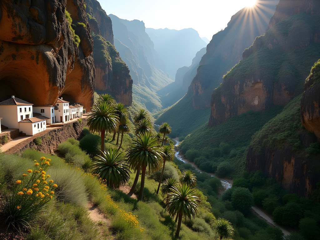 Lush Guayadeque Canyon with ancient cave dwellings visible in cliff walls