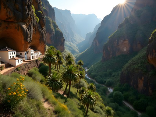 Lush Guayadeque Canyon with ancient cave dwellings visible in cliff walls