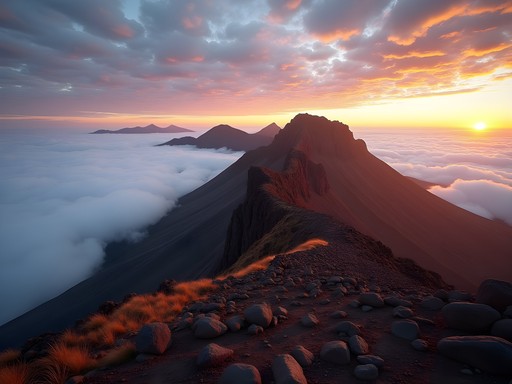 Sunrise at Pico de las Nieves with sea of clouds phenomenon below mountain peaks