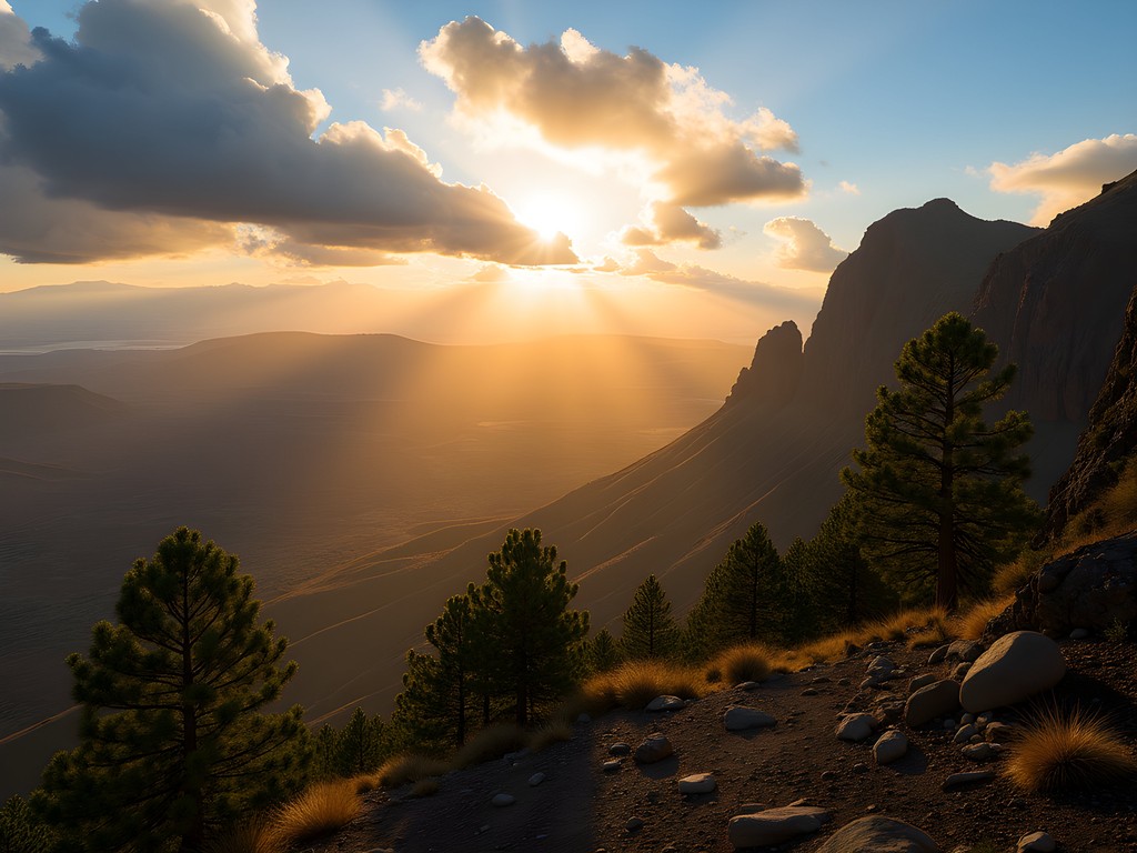Sunrise at Roque Nublo with dramatic shadows across volcanic landscape