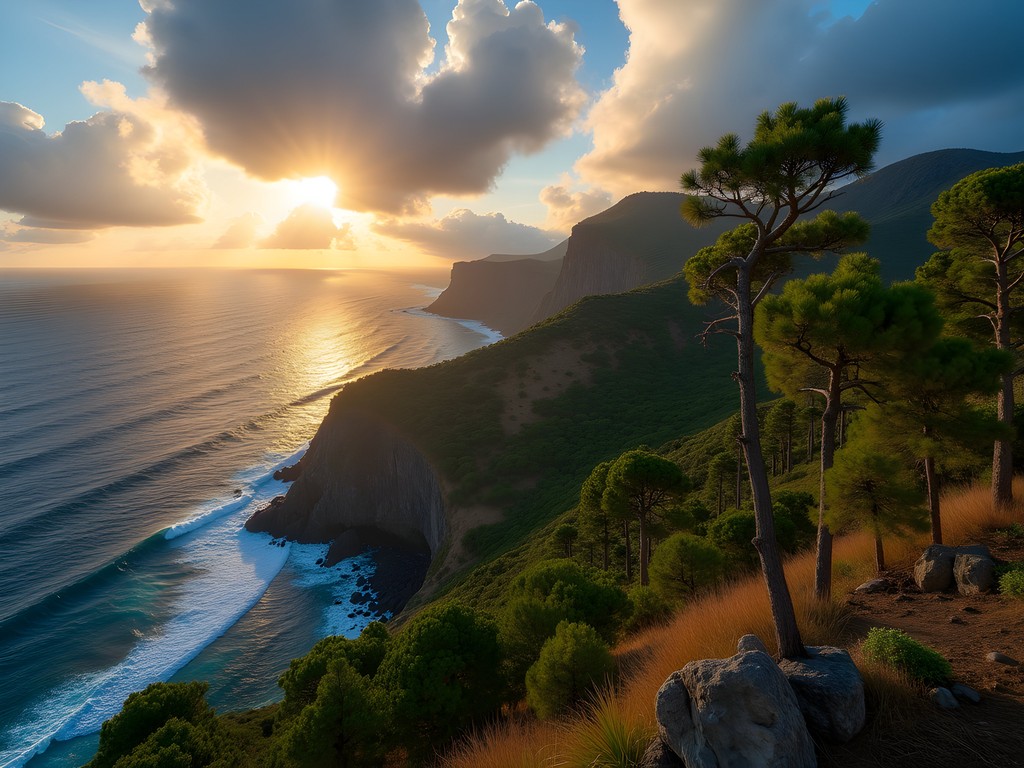 Ancient pine forest with dramatic ocean cliffs in Tamadaba Natural Park