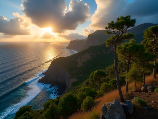 Ancient pine forest with dramatic ocean cliffs in Tamadaba Natural Park