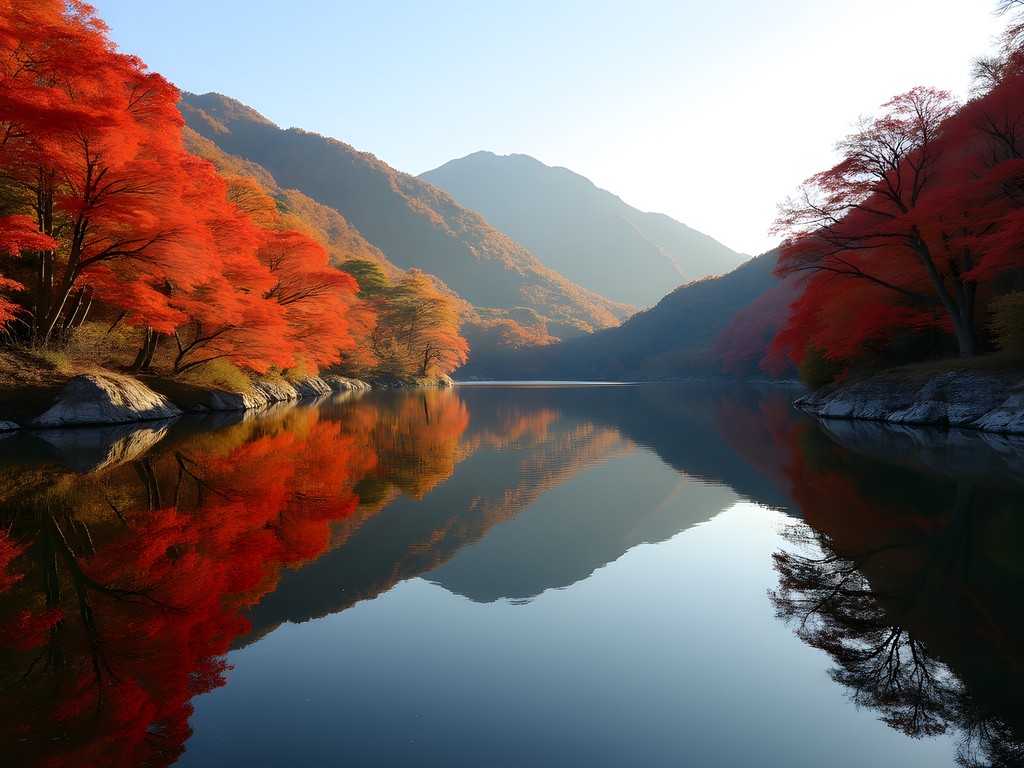 Vibrant autumn foliage reflecting in Lake Ashi with mountains in background