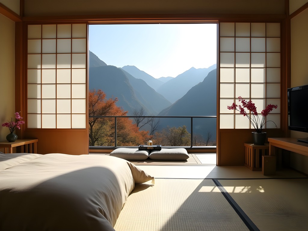 Traditional Japanese ryokan room with tatami floors, sliding paper doors and mountain view