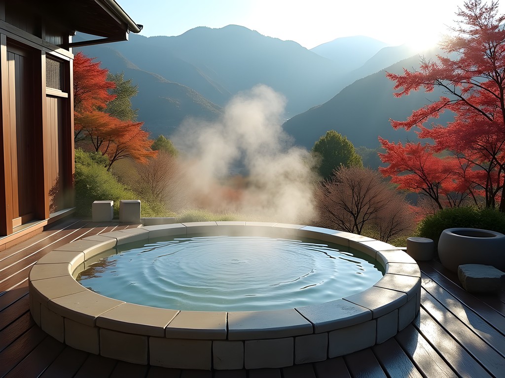 Private outdoor onsen bath overlooking Hakone mountains with fall foliage