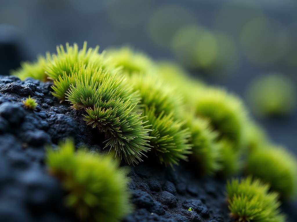 Close-up of delicate moss ecosystem on volcanic rock in Vatnajökull National Park