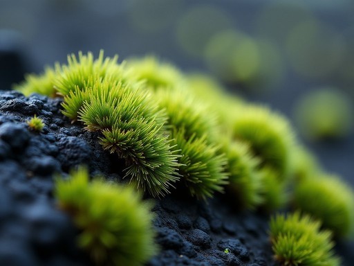 Close-up of delicate moss ecosystem on volcanic rock in Vatnajökull National Park