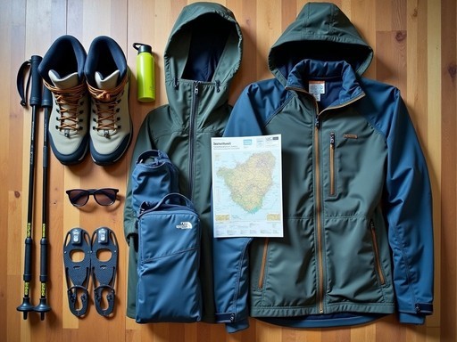 Essential hiking gear laid out for Vatnajökull region trek including layers, navigation tools, and safety equipment