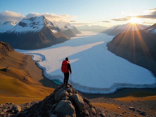 Panoramic view from Kristínartindar summit showing multiple glacier tongues flowing from Vatnajökull ice cap