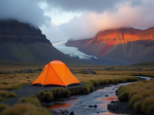Tent pitched in Lónsöræfi wilderness with colorful rhyolite mountains and glacier view