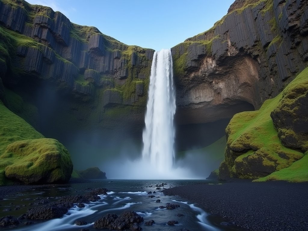 Svartifoss waterfall framed by hexagonal basalt columns in Vatnajökull National Park