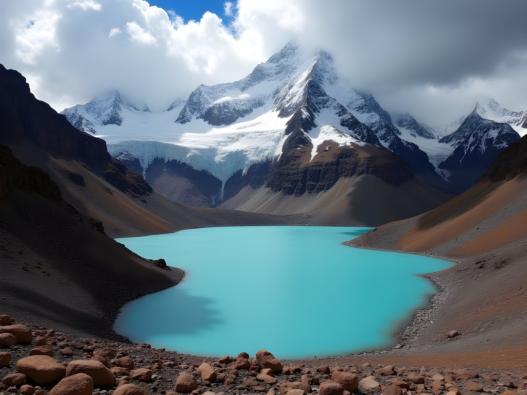 Turquoise glacial lakes beneath snow-capped Huaytapallana peak in Huancayo