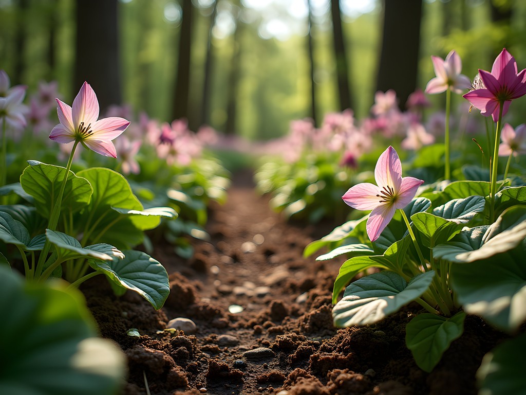 Spring wildflowers carpeting the forest floor in Kanawha State Forest with hiking trail