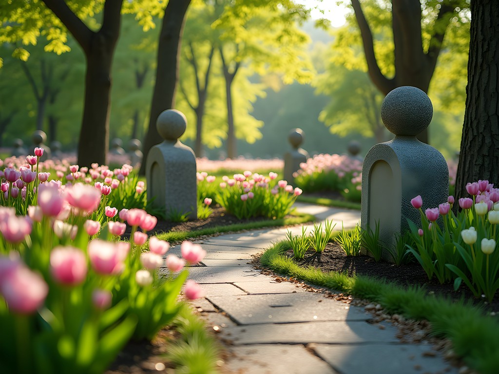 Stone sculptures among spring flowers in Ritter Park Rose Garden, Huntington WV