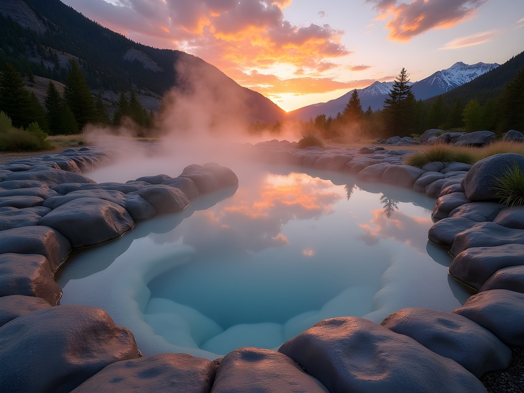 Steaming natural hot springs pool at Heise Hot Springs with mountains in background at sunset