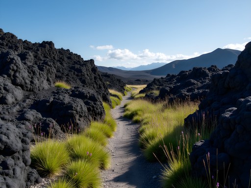 Volcanic landscape of Hell's Half Acre lava field with hiking trail winding through black rock formations