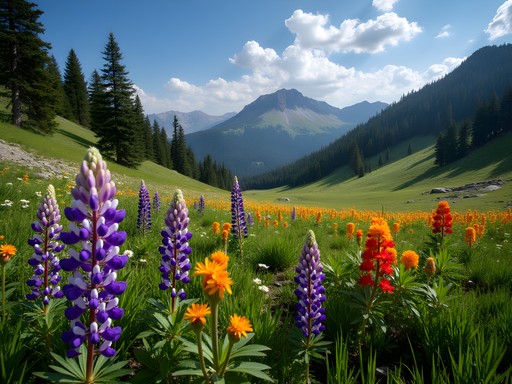 Alpine meadow filled with colorful wildflowers in Kelly Canyon with mountain backdrop