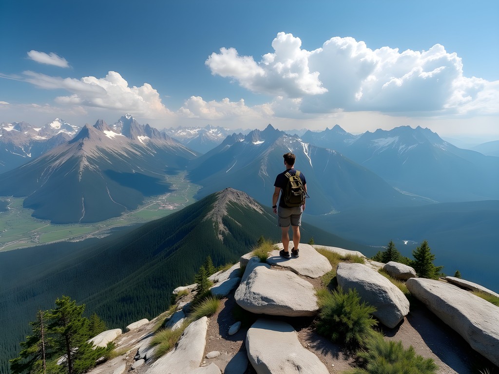 Panoramic view of Grand Tetons from Table Mountain summit with hiker