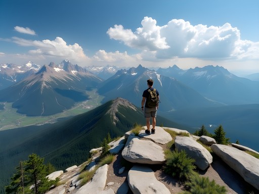 Panoramic view of Grand Tetons from Table Mountain summit with hiker
