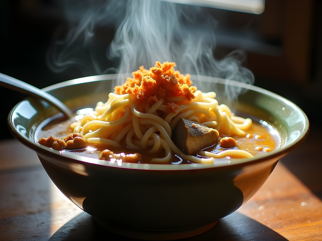Steaming bowl of La Paz Batchoy noodle soup in Iloilo market