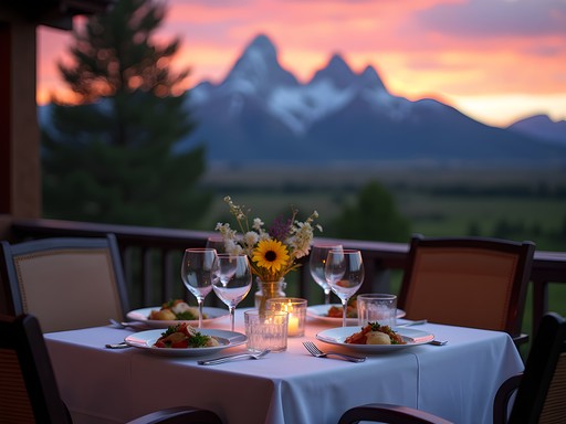Elegant outdoor dining setup with Grand Teton sunset view
