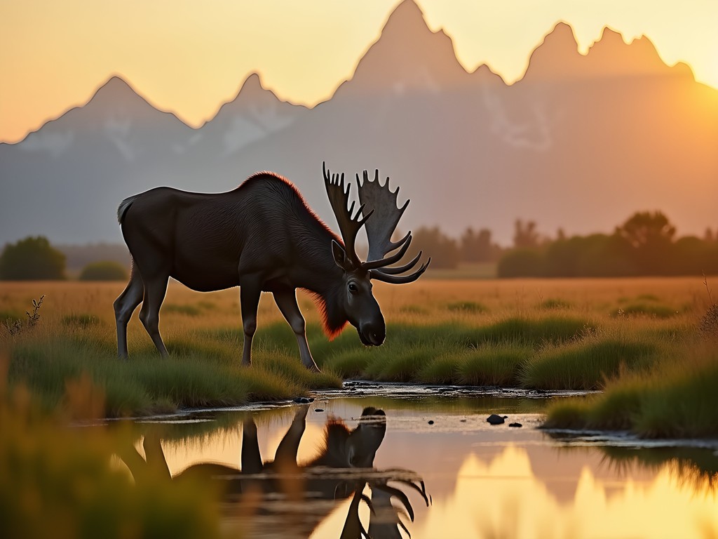 Bull moose grazing in Willow Flats with Grand Tetons backdrop