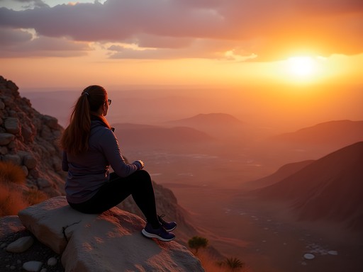 Solo female hiker watching sunset over Jericho mountains in Palestine