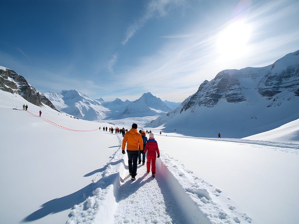 Families hiking on maintained snow path on Aletsch Glacier at Jungfraujoch
