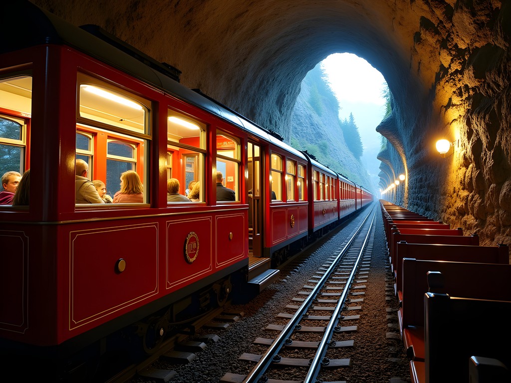 Jungfrau Railway cogwheel train ascending through mountain tunnel carved in rock