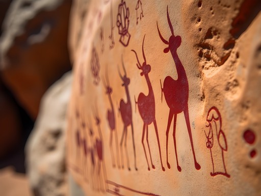Ancient rock art panel showing animals and human figures painted in red ochre on quartzite rock face