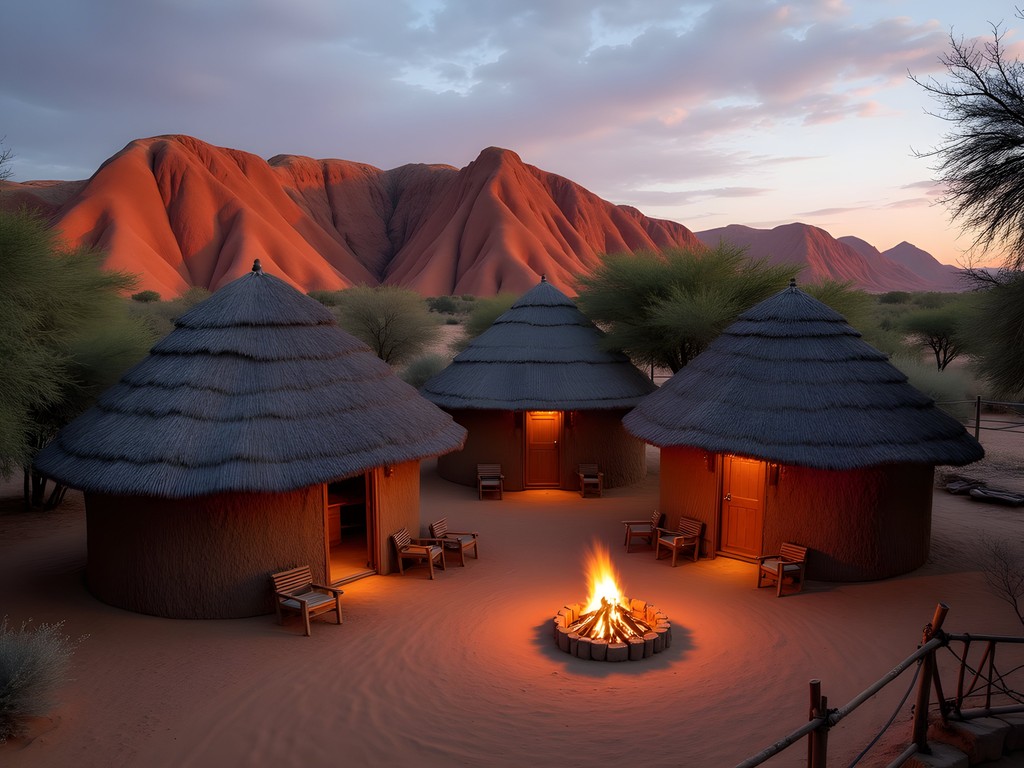 Traditional rondavel accommodations at Tsodilo Community Camp with mountains in background at sunset