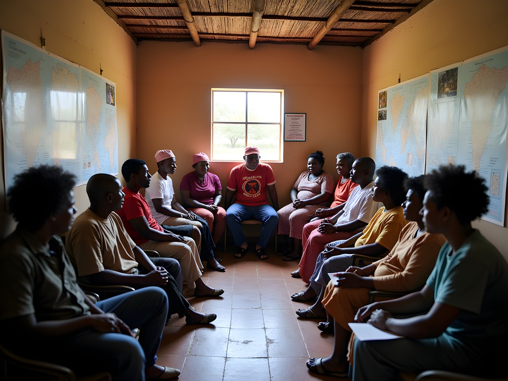 Local community members and site managers discussing conservation strategies at Tsodilo Hills visitor center