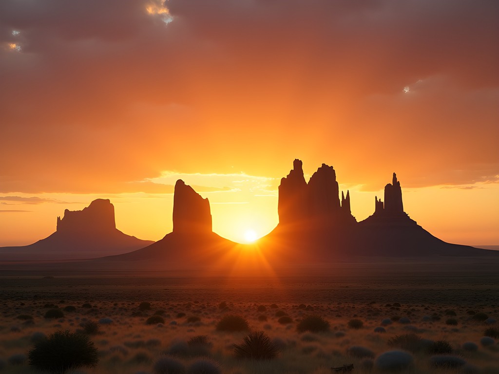 Sunrise view of the four Tsodilo Hills rising from the Kalahari Desert