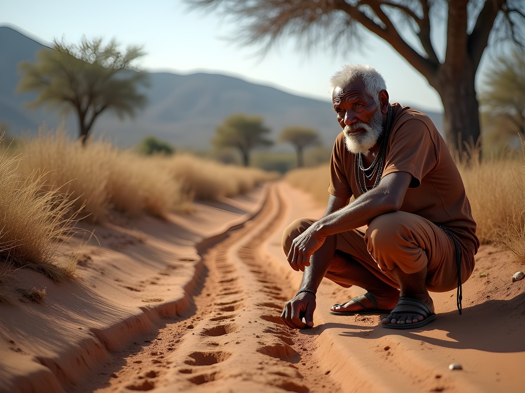 San guide tracking wildlife in the woodland savanna surrounding Tsodilo Hills