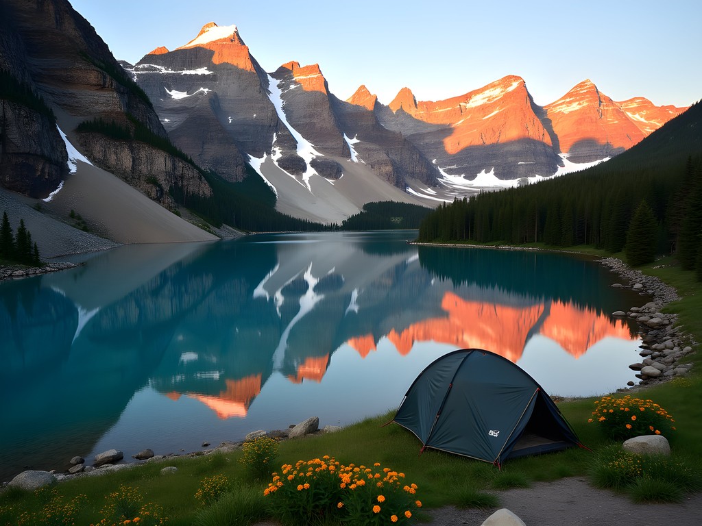 Alpine lake with tent and mountains reflected in still water near Kalispell Montana