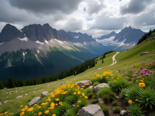 Hikers on mountain trail in Jewel Basin near Kalispell with snow-capped peaks and wildflowers