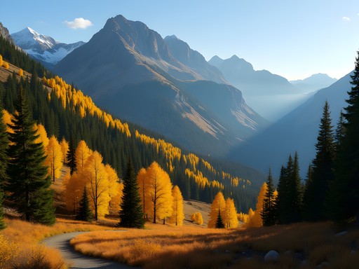 Golden larch trees on mountainside near Kalispell Montana during fall season