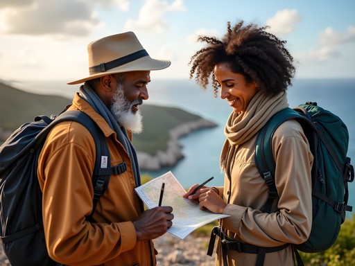 Female business traveler with local guide in the Red Sea Hills of Sudan discussing hiking route