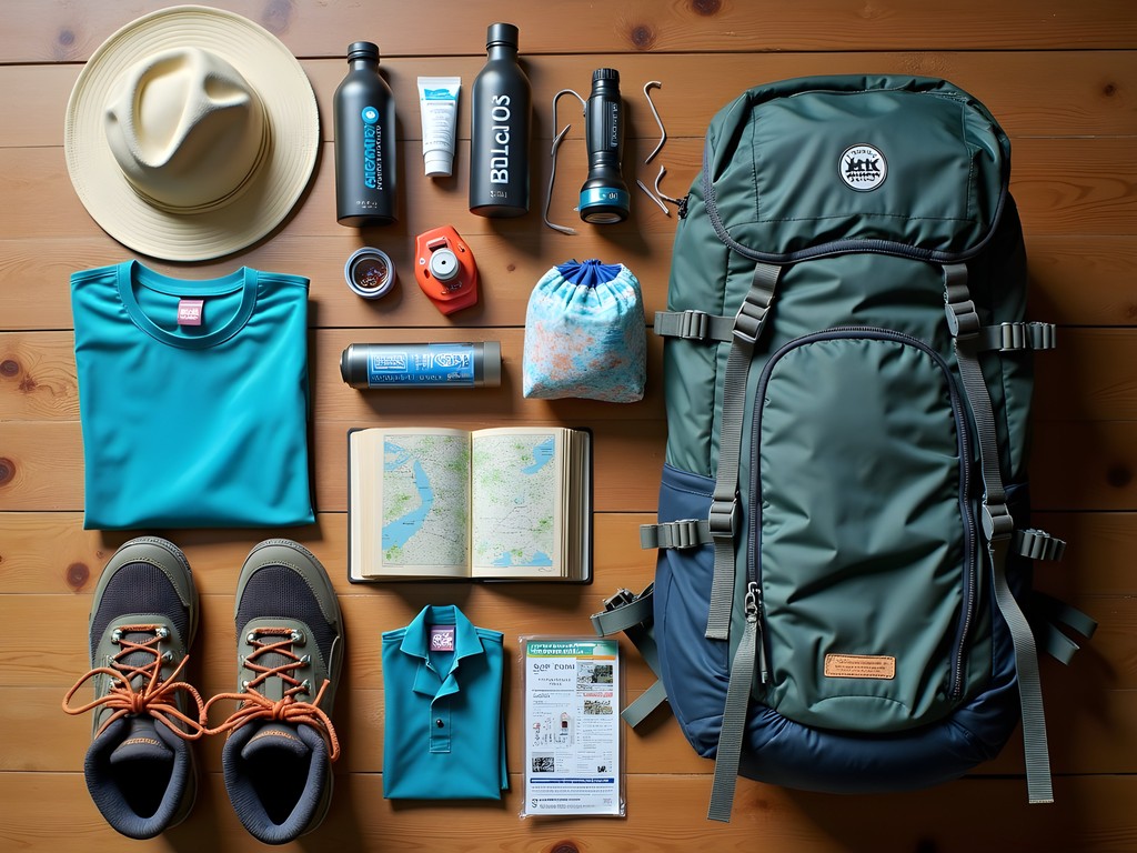 Essential hiking gear laid out for coastal highland exploration including specialized equipment for both tropical and desert environments