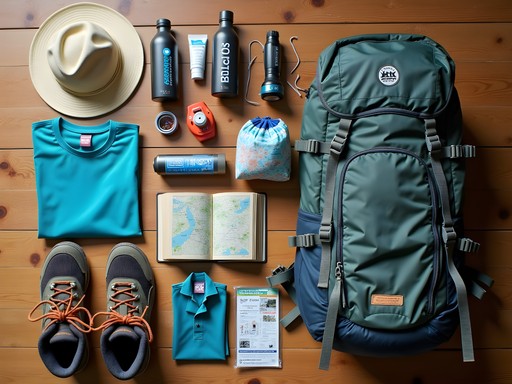 Essential hiking gear laid out for coastal highland exploration including specialized equipment for both tropical and desert environments