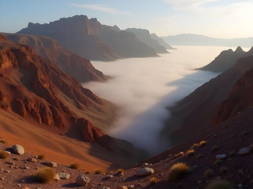 Dramatic landscape of the Red Sea Hills near Erkowit showing rocky peaks and morning fog
